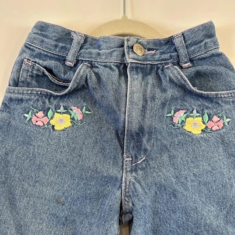 VTG 90's Girl 6/7 Denim Blue Jeans Light‎ Wash Flower Embroidery Cotton
